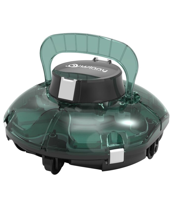 WINNY POOL CLEANER Winny 200 Poolroboter, Poolsauger kabellos mit Akku, 75 Min. Laufzeit, für Aufstellpools bis 60 m², Doppelfiltration, Automatisches Parken, Kompakt Leicht (Transparentes Blau)