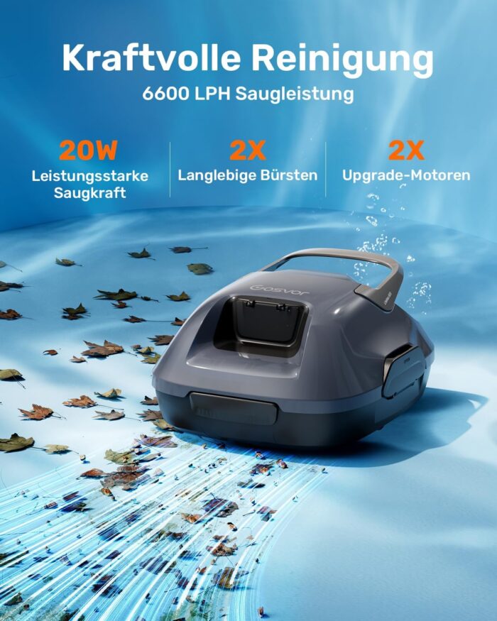 Gosvor Poolsauger Akku mit 90 Min Laufzeit, 3,4 kg Leichtgewicht Poolroboter, Einfach zu Bedienen, Selbstparkfunktion, 6600 LPH Starker Poolreiniger mit Doppelmotor, Ideal für Flache Boden bis 80 m²
