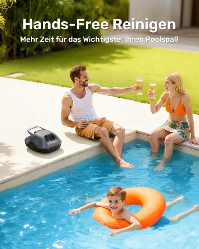 Gosvor Poolsauger Akku mit 90 Min Laufzeit, 3,4 kg Leichtgewicht Poolroboter, Einfach zu Bedienen, Selbstparkfunktion, 6600 LPH Starker Poolreiniger mit Doppelmotor, Ideal für Flache Boden bis 80 m²