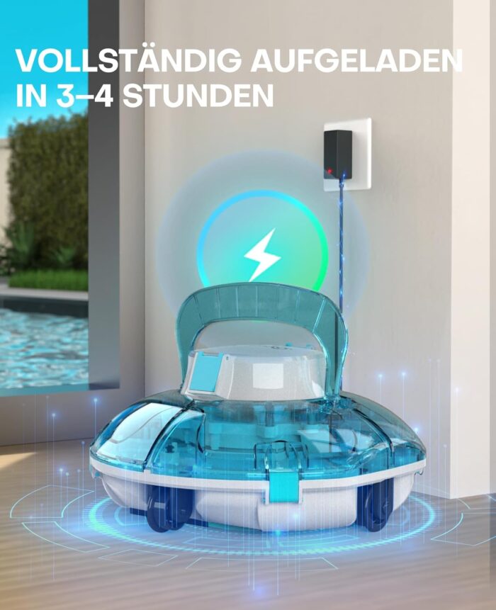 WINNY POOL CLEANER Winny 200 Poolroboter, Poolsauger kabellos mit Akku, 75 Min. Laufzeit, für Aufstellpools bis 60 m², Doppelfiltration, Automatisches Parken, Kompakt Leicht (Transparentes Blau)