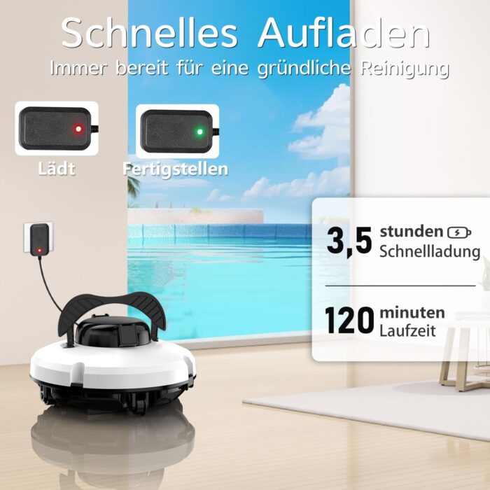 (2026 Upgrade) Poolroboter, Kabelloser Poolsauger Akku mit 120 Min Laufzeit, Dual Motoren Poolreiniger, Selbsteinparkfunktion, Tragbar Poolroboter Akku für Flache Böden Pools bis zu 100 m²