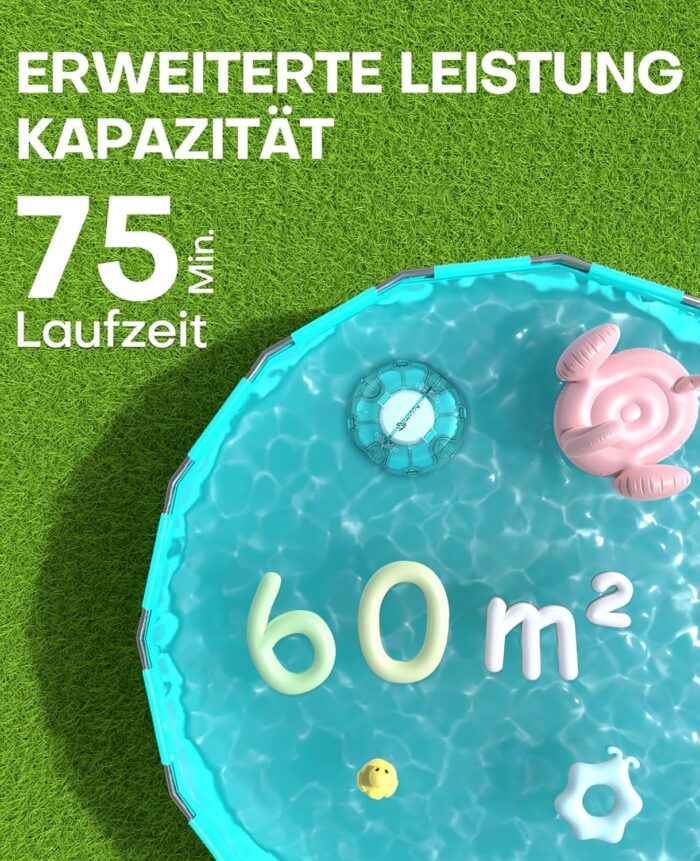 WINNY POOL CLEANER Winny 200 Poolroboter, Poolsauger kabellos mit Akku, 75 Min. Laufzeit, für Aufstellpools bis 60 m², Doppelfiltration, Automatisches Parken, Kompakt Leicht (Transparentes Blau)
